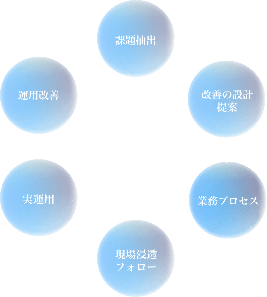 課題抽出 改善の設計提案 業務プロセス 現場浸透フォロー 実運用 運用改善 顧客伴走型のビジネス支援