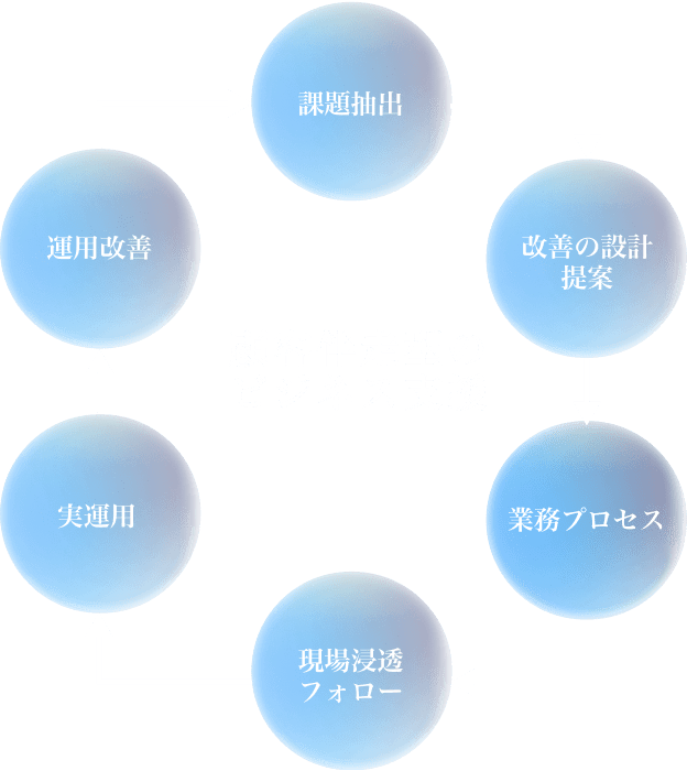 課題抽出 改善の設計提案 業務プロセス 現場浸透フォロー 実運用 運用改善 顧客伴走型のビジネス支援